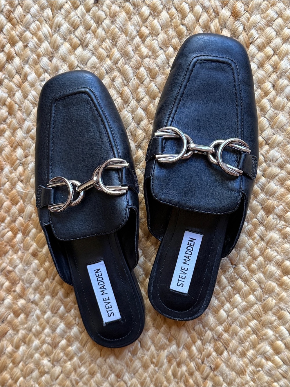Steve Madden Black Leather Slip-On Mules with Silver Horsebit